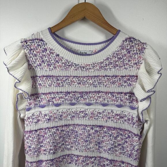 Fate Anthropologie Sweater Women Size S White Purple Ruffle Long Sleeve Spring - Picture 3 of 10